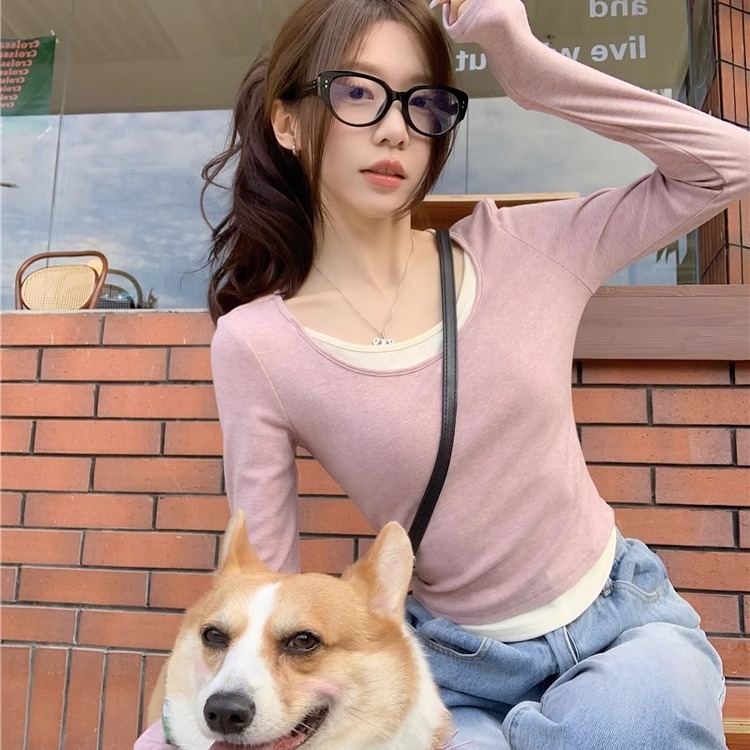 Elegant top pure desire fake style two-piece contrast color T-shirt women's autumn and winter short undershirt slim fit slimming hot girl