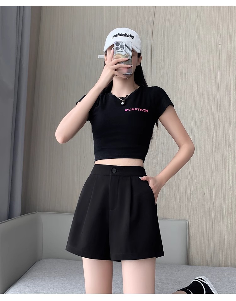 Quần short nữ cạp cao dáng chữ A ống rộng mùa hè — Màu đen (gửi thắt lưng xoắn khóa ngẫu nhiên) chi tiết 19
