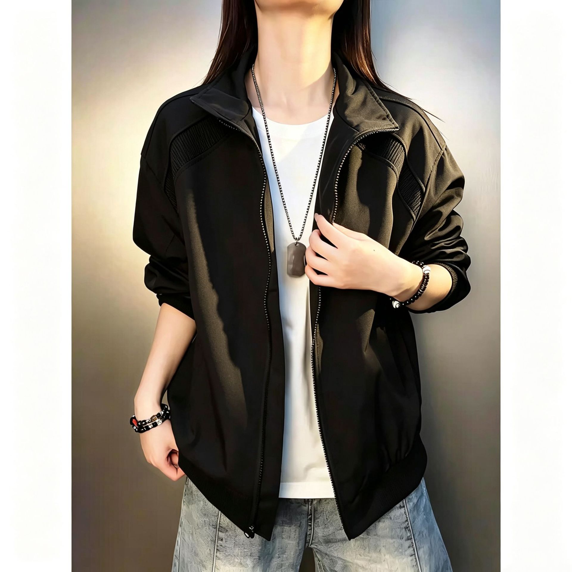 Black stand-up collar jacket, unisex, spring/autumn style, cool and sophisticated bomber jacket, clean fit motorcycle jacket.