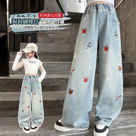 早春新款浅色阔腿牛仔裤女圣诞卡通腊肠狗刺绣宽松直筒拖地裤宽松