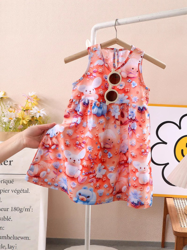 Girls 'dress Summer 5D printed sleeveless strap dress Girls' dress Feminine simple dress Princess dress