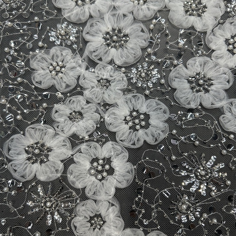Perla blanca sólida tridimensional sequinilla tela bordada alta fijación vestido de boda modelo de verano tela de moda