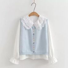 春秋少女小清新穿搭韩版宽松娃娃领长袖衬衫+针织马甲背心两件套