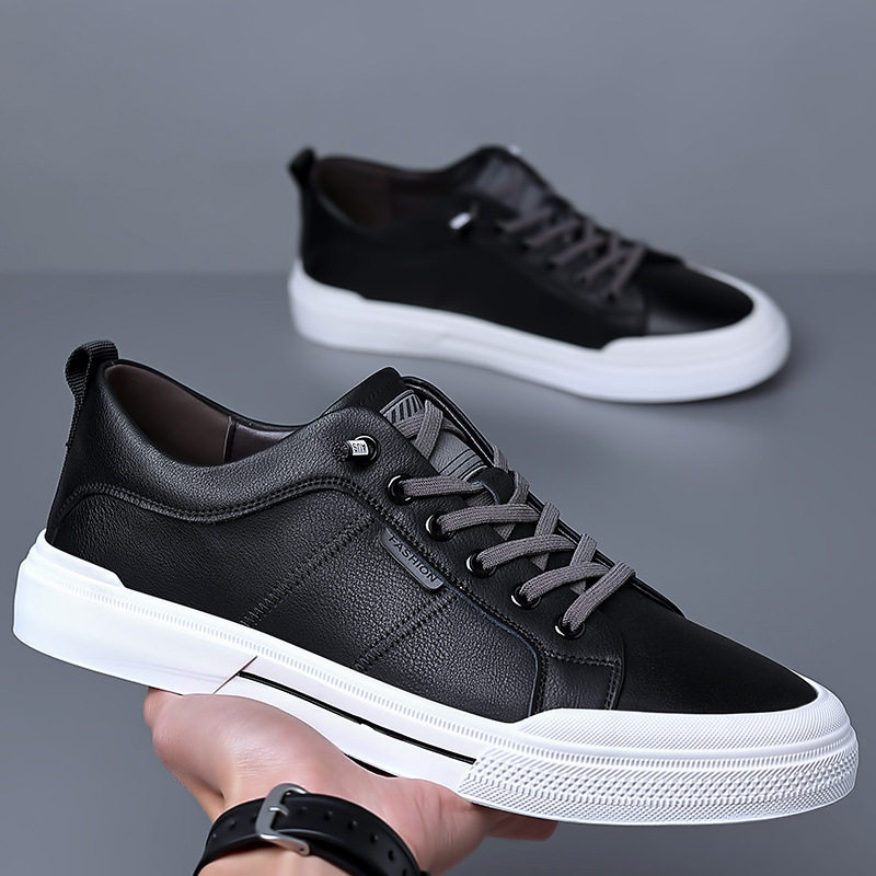 Giày da nam kiểu sneaker cổ thấp dây buộc co giãn, đế cao 1-3 cm — Màu trắng, Màu đen