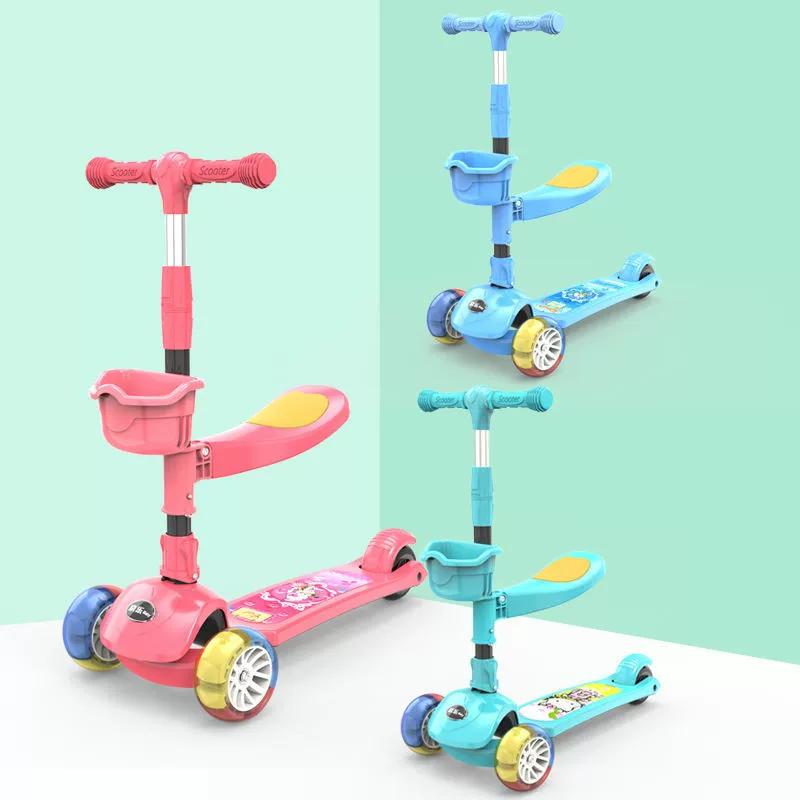 Children's foldable scooter with seat, three-in-one