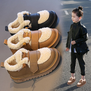 Girls' Cotton Shoes 2024 K-Style New Furry Shoes Non-Slip Warm Boots for Girls Maillard Color-Blocked Snow Cotton Boots