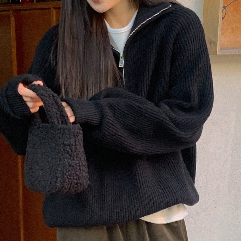 Suéter de collar de cremallera de viento perezoso de mujeres otoño invierno suelto polo cuello de manga larga camisa de punto chaqueta exterior
