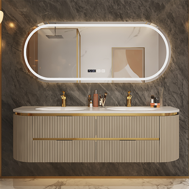 Semi-Circular Italian Light Luxury Bathroom Cabinet Oak Slate Ceramic Seamless Basin Washbasin Combination Washstand Washbasin Cabinet
