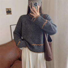 韩系复古拼色设计感翻领套头毛衣女秋冬新款宽松慵懒风针织衫上衣