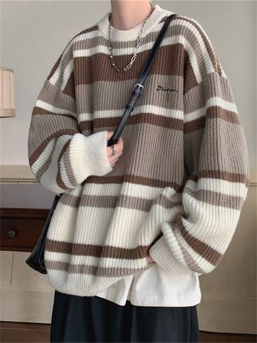 Oversize Relaxed Retro Striped Sweater for Men - Autumn/Winter Knitwear, Loose Men's Outerwear with Thickening
