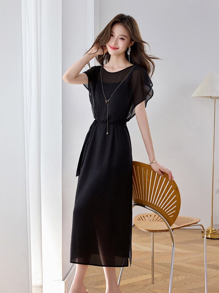 Đầm maxi nữ thắt eo thiết kế tân cổ điển cao cấp — màu đen, Chấm tròn