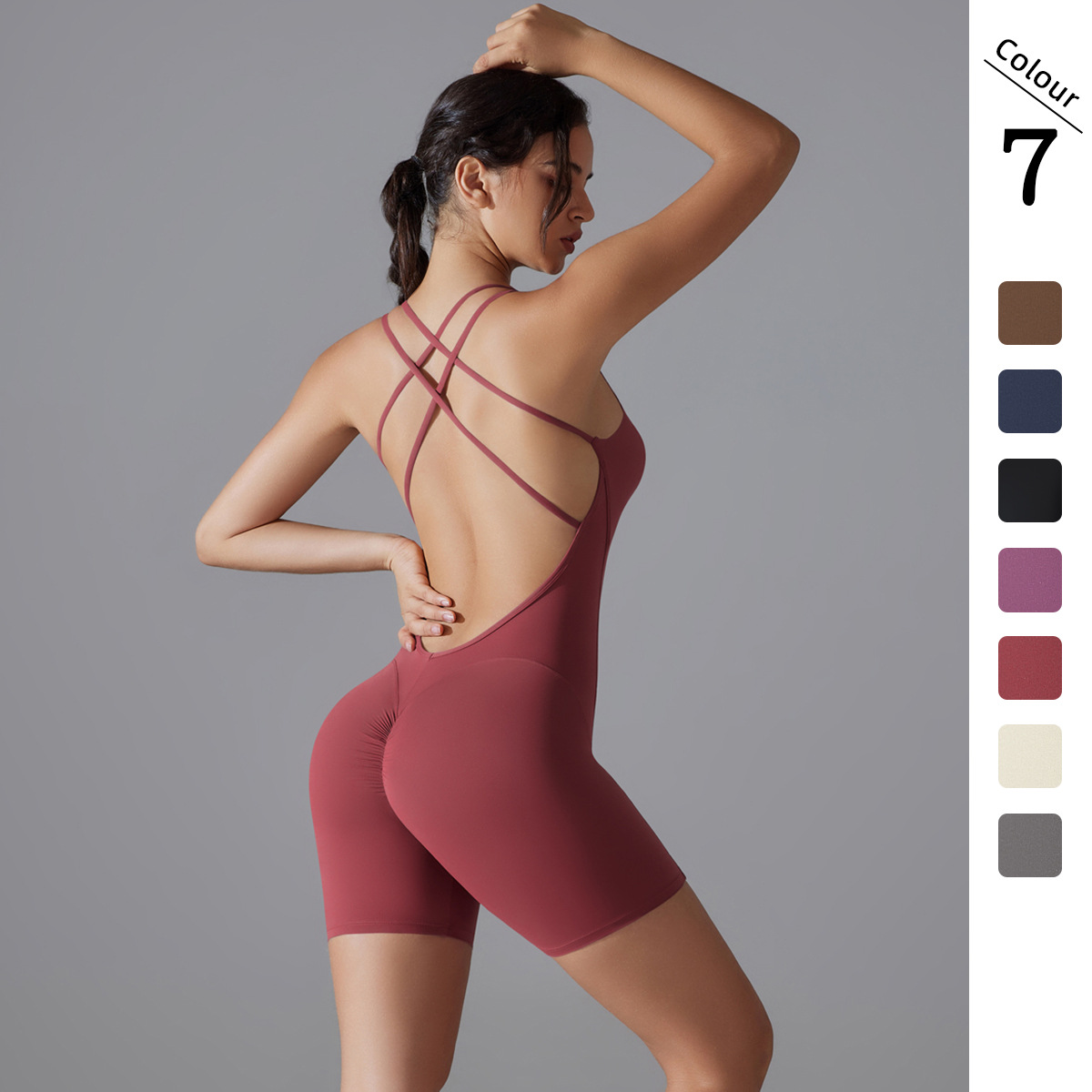 Ropa deportiva de yoga de estilo europeo y americano, transfronteriza, de alta elasticidad, ajustada, con diseño de espalda cruzada y body de pantalón corto sin costuras, que realza los glúteos. image 1