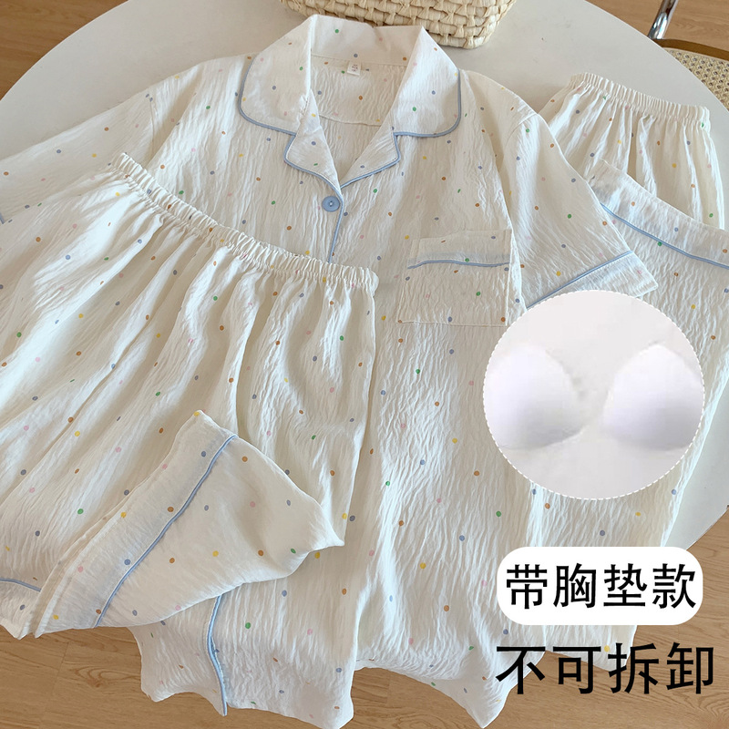 Factory wholesale with chest pad sweet rainbow peas pajamas women's summer short sleeve shorts three-piece suit home clothes