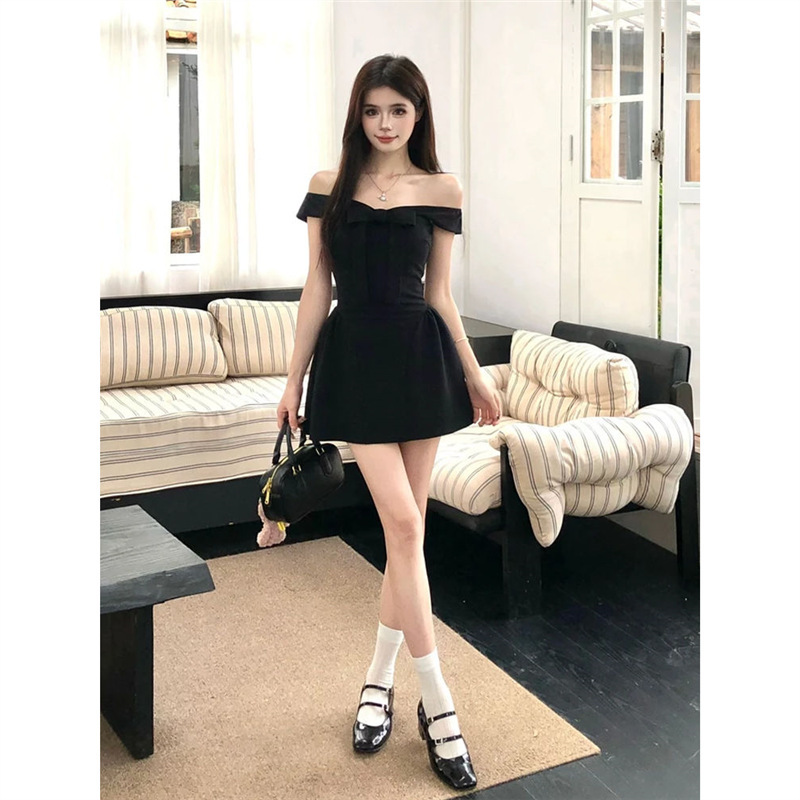 云柔漫步 夏日蝴蝶结设计感一字肩纯色连衣裙财阀千金氛围感短裙|undefined