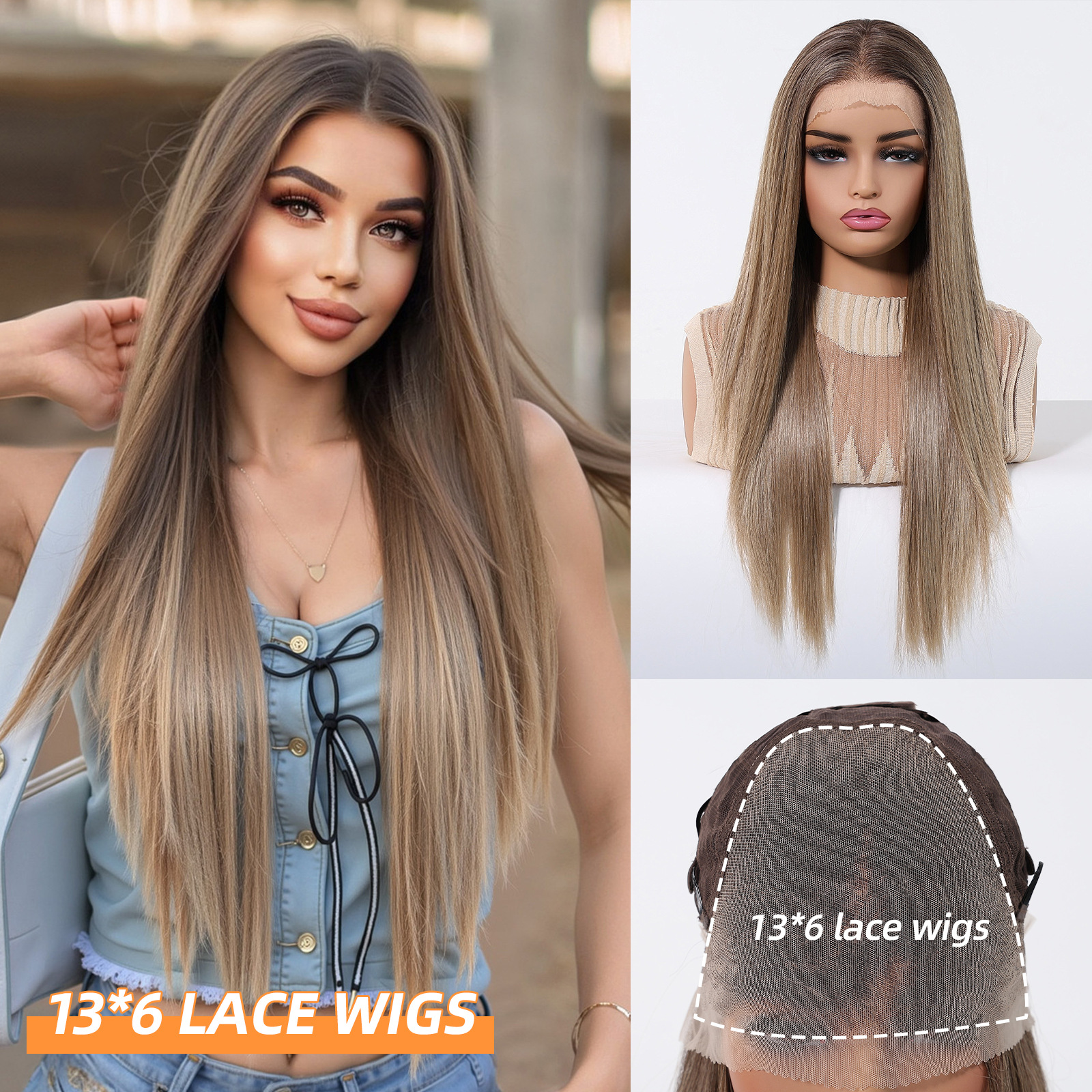 Punto de fábrica Área grande 13*6 Peluca de pelo largo y liso de encaje de seda importada para mujer, costura libre, forma aleatoria, cabeza completa