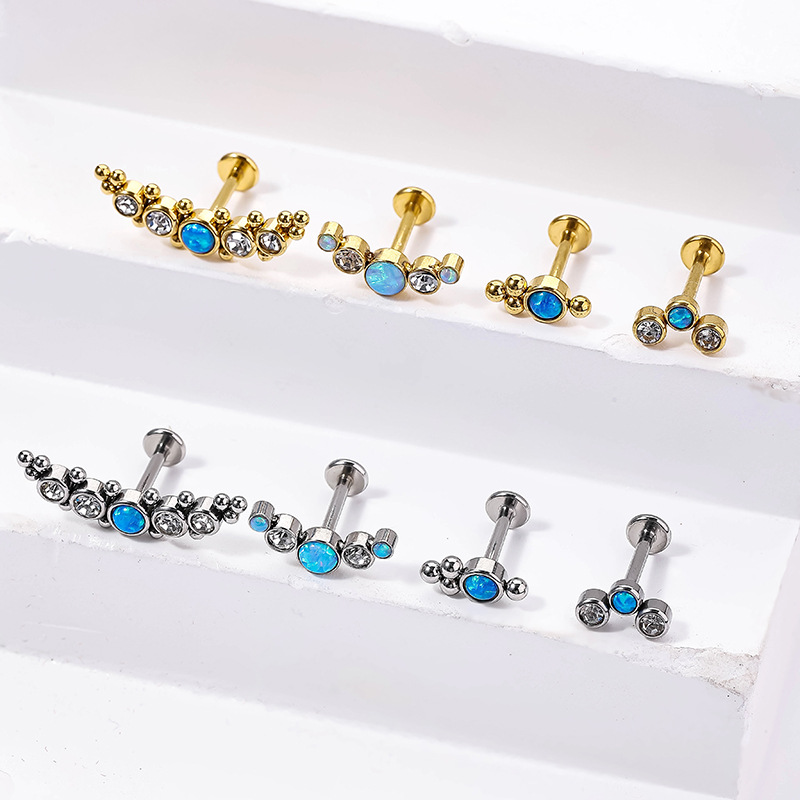 Opal, Zircon Inlay Material Lip Rings, Ear Cartilage Rings & Studs Piercing Type 1 Piece Quantity Retro Round Stainless Steel Inlay Opal Zircon Lip Stud