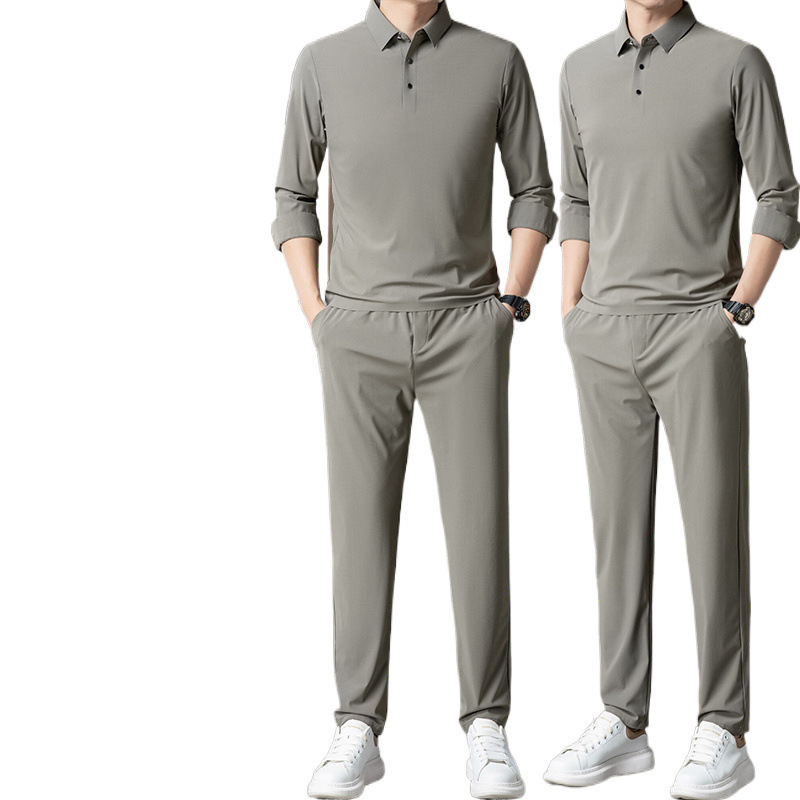 春秋季男士运动服套装轻奢高档桑蚕丝翻领休闲男装两件套|undefined