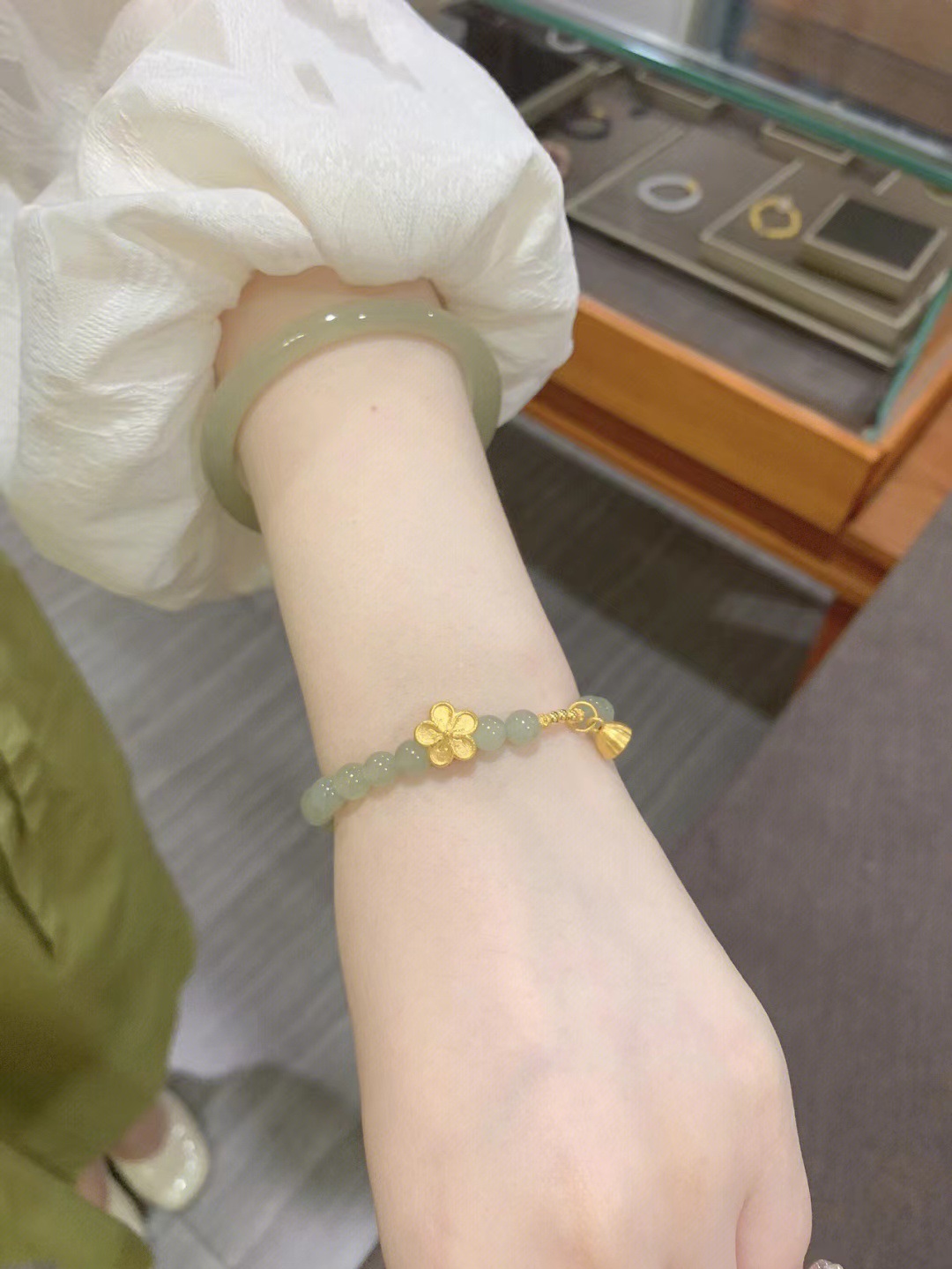 Imitation Hetian Jade Round Beads Women's Bracelet Simple Bracelet Gold Plated Peach Blossom Bracelet ins Niche Design Natural High Quality