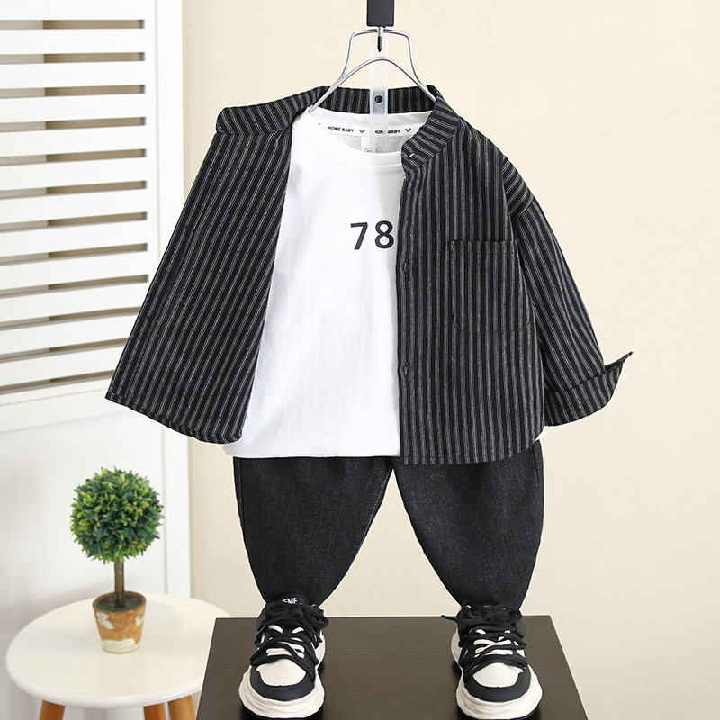 5842 Camisa de manga larga para niños Estilo de primavera y otoño 2024 Nuevo estilo Chaqueta de camisa a rayas de otoño para niños