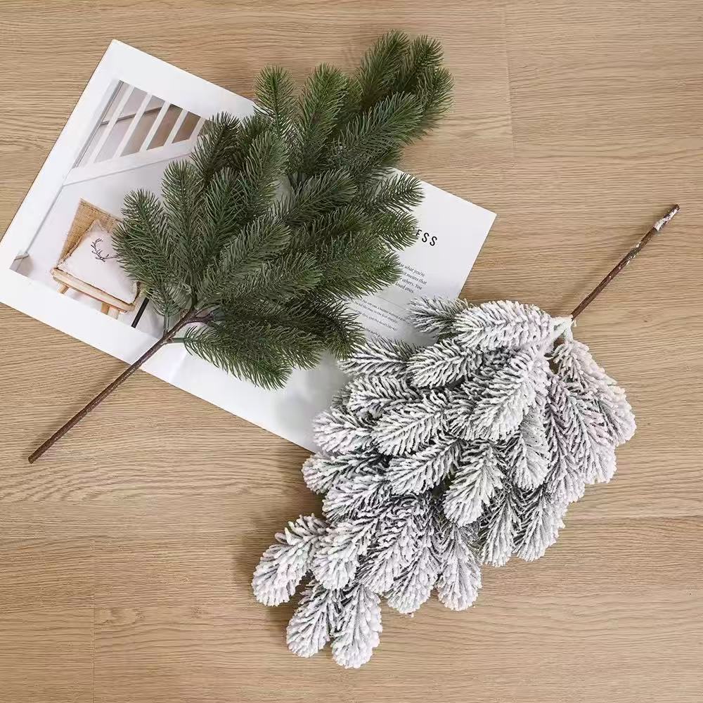 Manufacturer of Simulated Pine Branches Pe Cuttings Christmas Tree Spray White Flocking Green Branches Hanging Branches Holiday Decoration Pine Tree Hangings Cross-Border