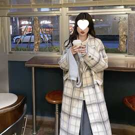 灰粉格纹毛呢外套女2025冬季新款韩版气质中长款韩剧女主穿搭大衣