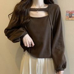 大码德绒长袖t恤女春秋设计感胖mm遮肚子镂空方领内搭上衣打底衫