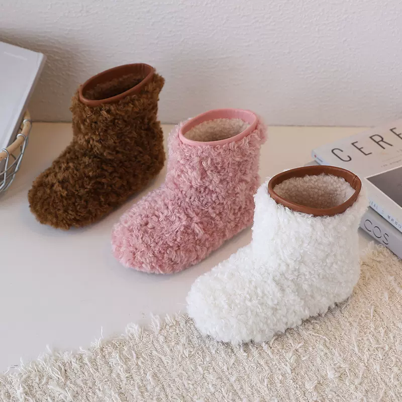 跨境外贸韩版可爱女童雪地靴圈圈绒软底儿童棉鞋加绒保暖女童短靴