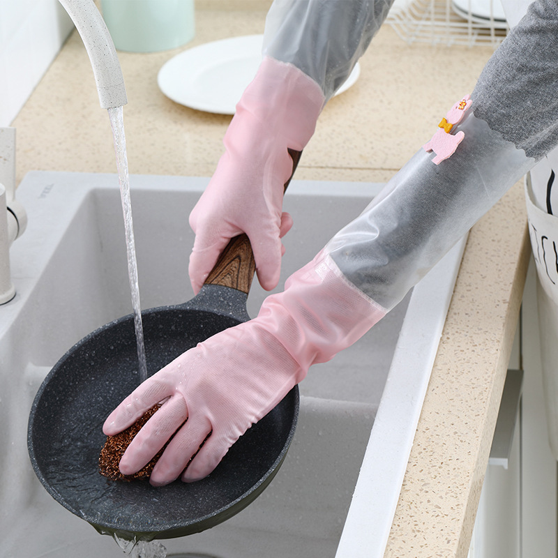 食器を洗う手袋の女性の上口は家事の台所の丈夫な洗濯とベルベットの厚いゴムの長い防水家庭用を吊るすことができる|undefined