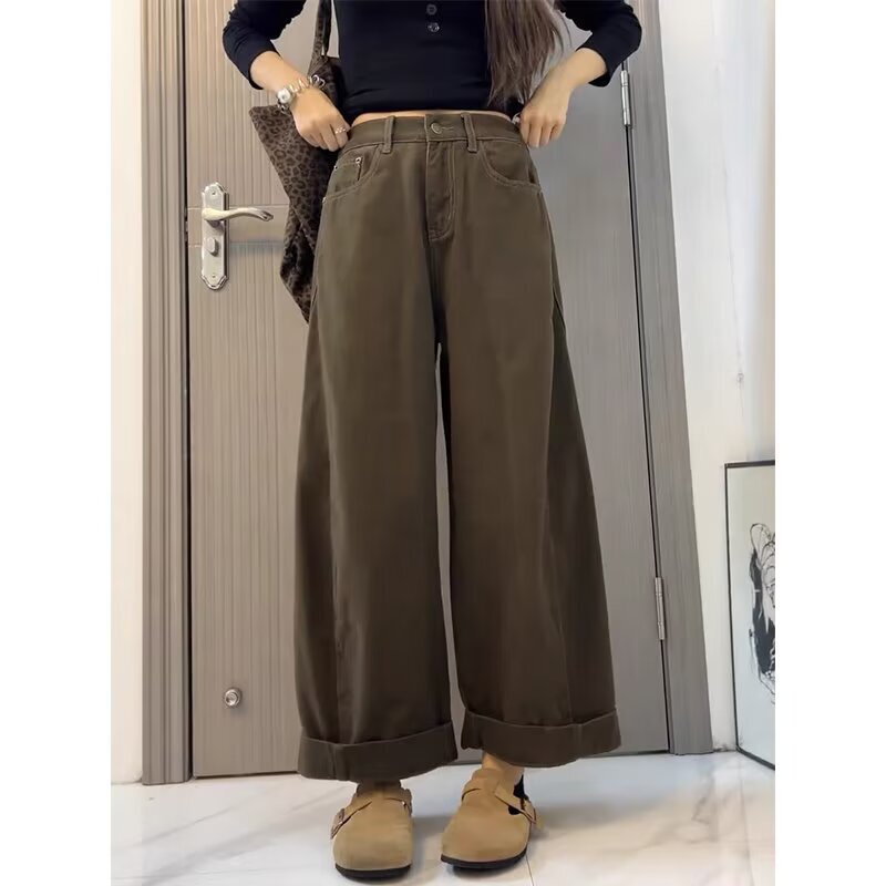 American Fashion Brown Wide-Leg Jeans for Women, Winter Casual High-Waisted New Loose Floor-Length Coffee-Colored Straight Pants