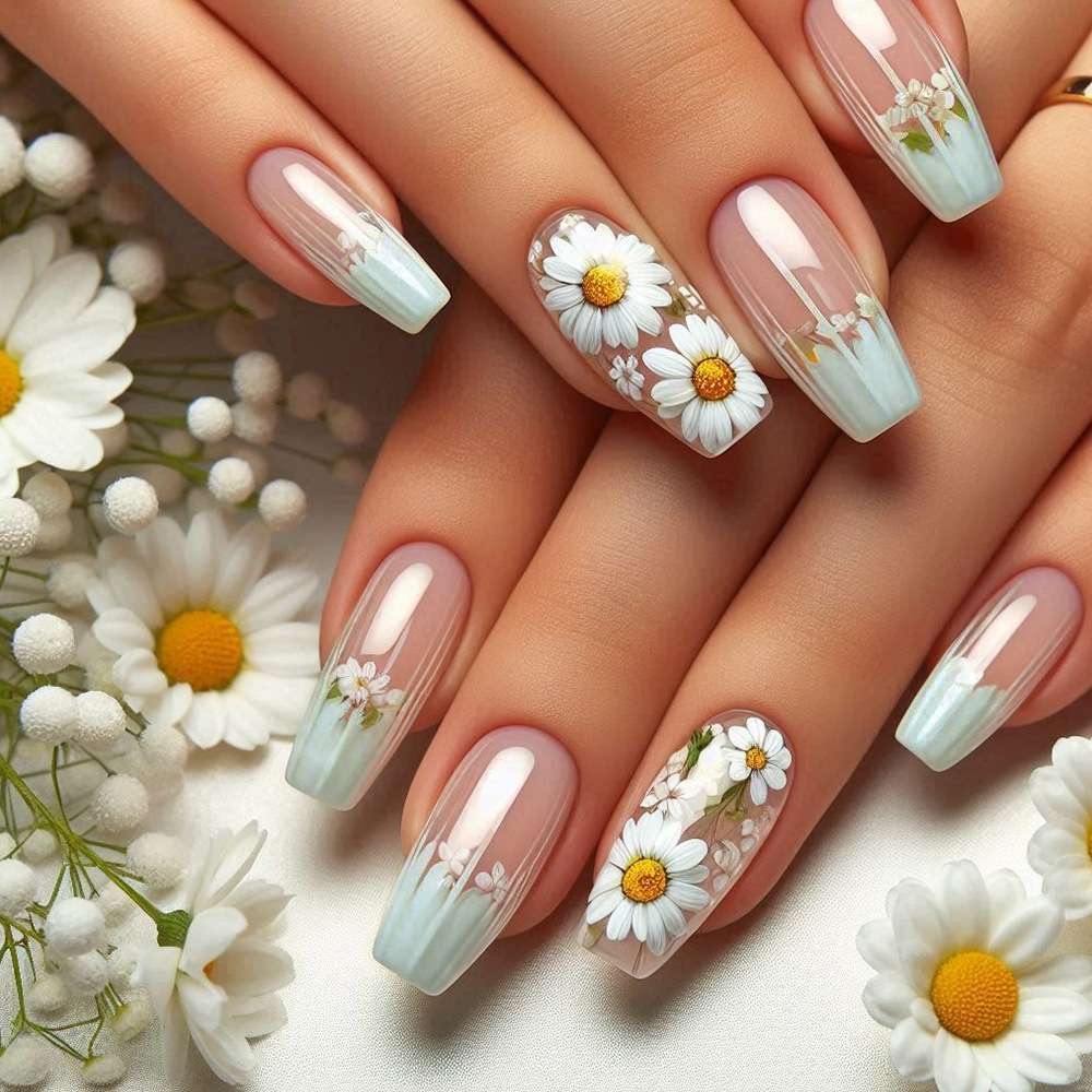 Uña de vestir de estilo largo idílico parche de uñas francés de alta calidad, girasol de venta caliente en Europa y América para usar uñas
