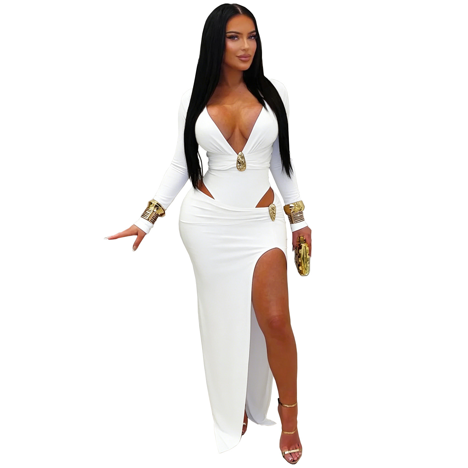 C7631 Aliexpress transfronterizo Amazon Europa y América moda de mujer sexy cuello v color sólido vestido de mangas largas de cadera image 9