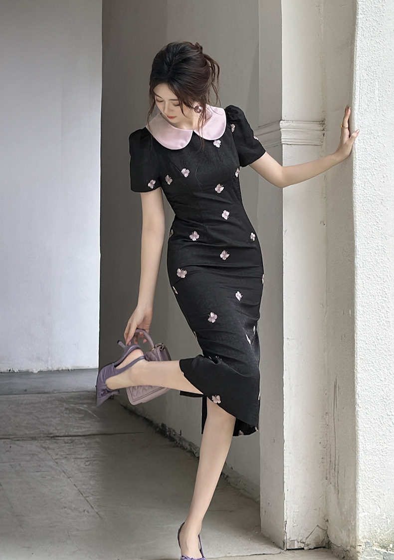 Váy ôm body nữ kiểu Pháp cổ điển mặt búp bê thêu hoa — màu đen chi tiết 6