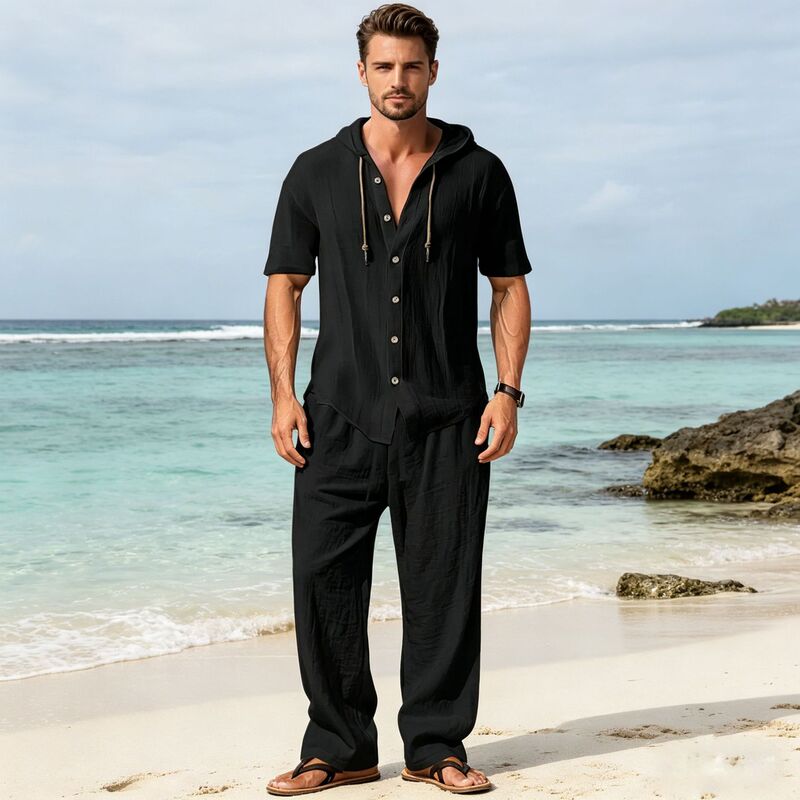 2026 Cross-Border Amazon New Summer European and American Men's Sports Casual Hooded Linen Short-Sleeved Cardigan Loose Set