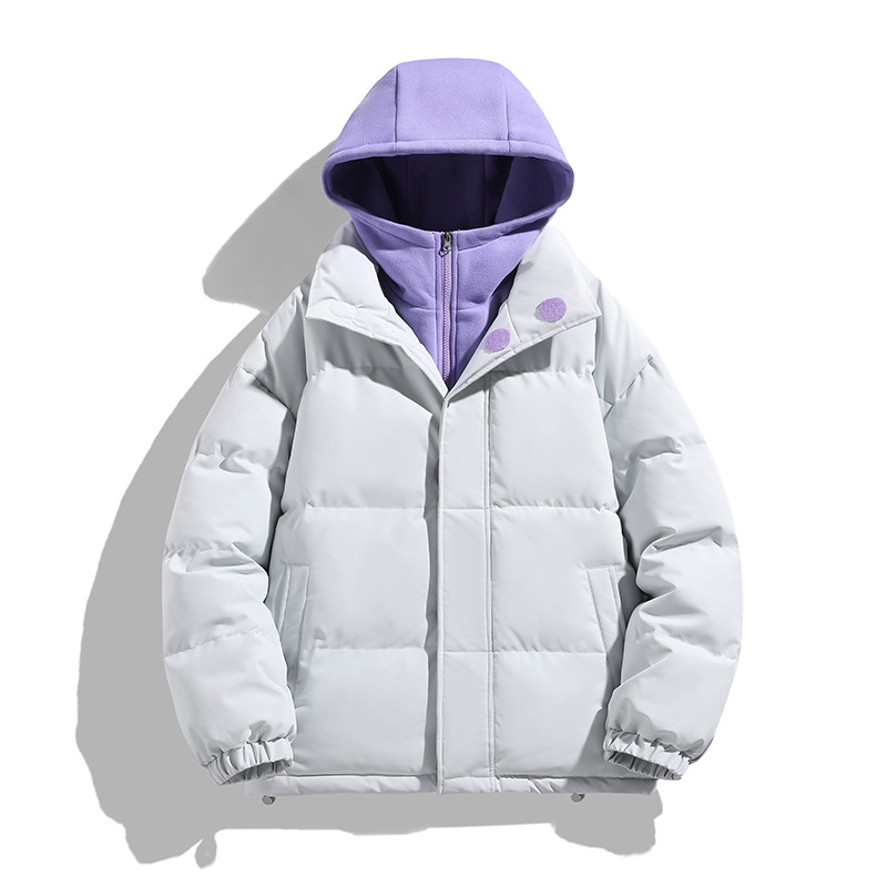 Trendy winter couple's puffer jacket for petite figures, loose fit, versatile, windproof, cold-resistant, color-blocked, high-neck, hooded cotton coat for men