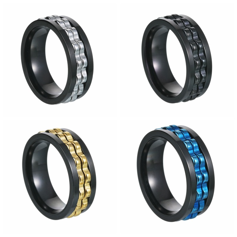 Chain Inlay Material Hip-Hop Geometric 304 Stainless Steel Plating Chain Gold Plated PVD Coated Men'S Rings Men Band Rings