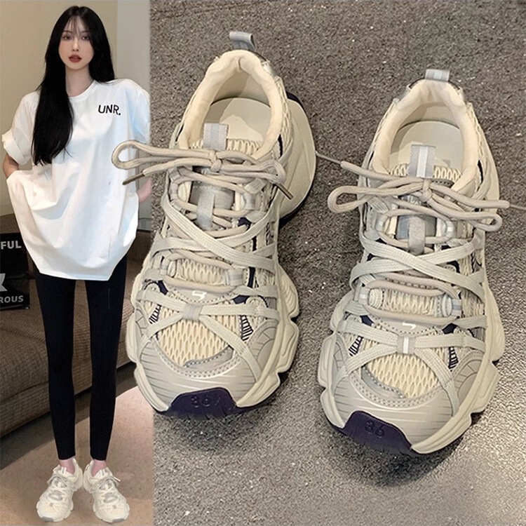 European Style Mesh Thick-Soled Dad Shoes for Women, 2026 Spring New Model, Height-Increasing Breathable Round-Toe Niche Sports Casual Shoes