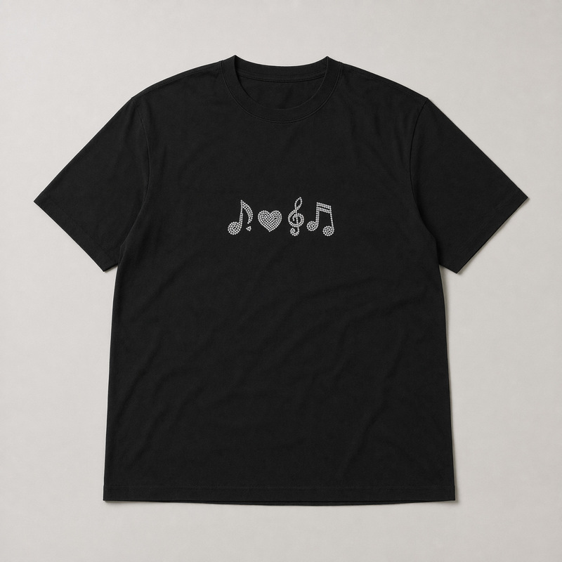 Twodaysoff Korean-style Y2K music note print off-shoulder pure cotton T-shirt for men in black and white