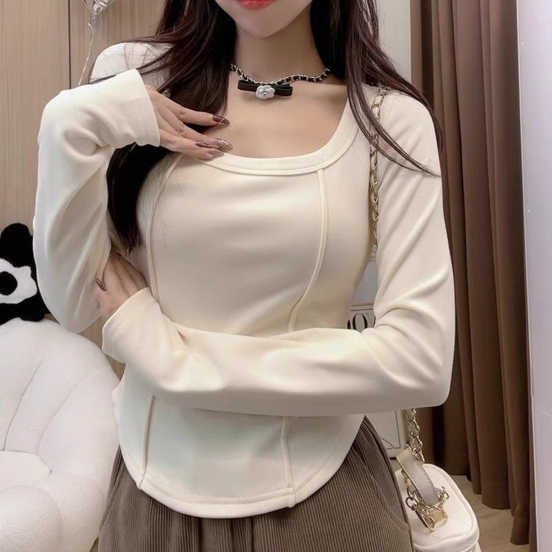德绒保暖长袖t恤女士洋气秋冬季鱼骨修身显瘦打底衫短款内搭上衣|undefined