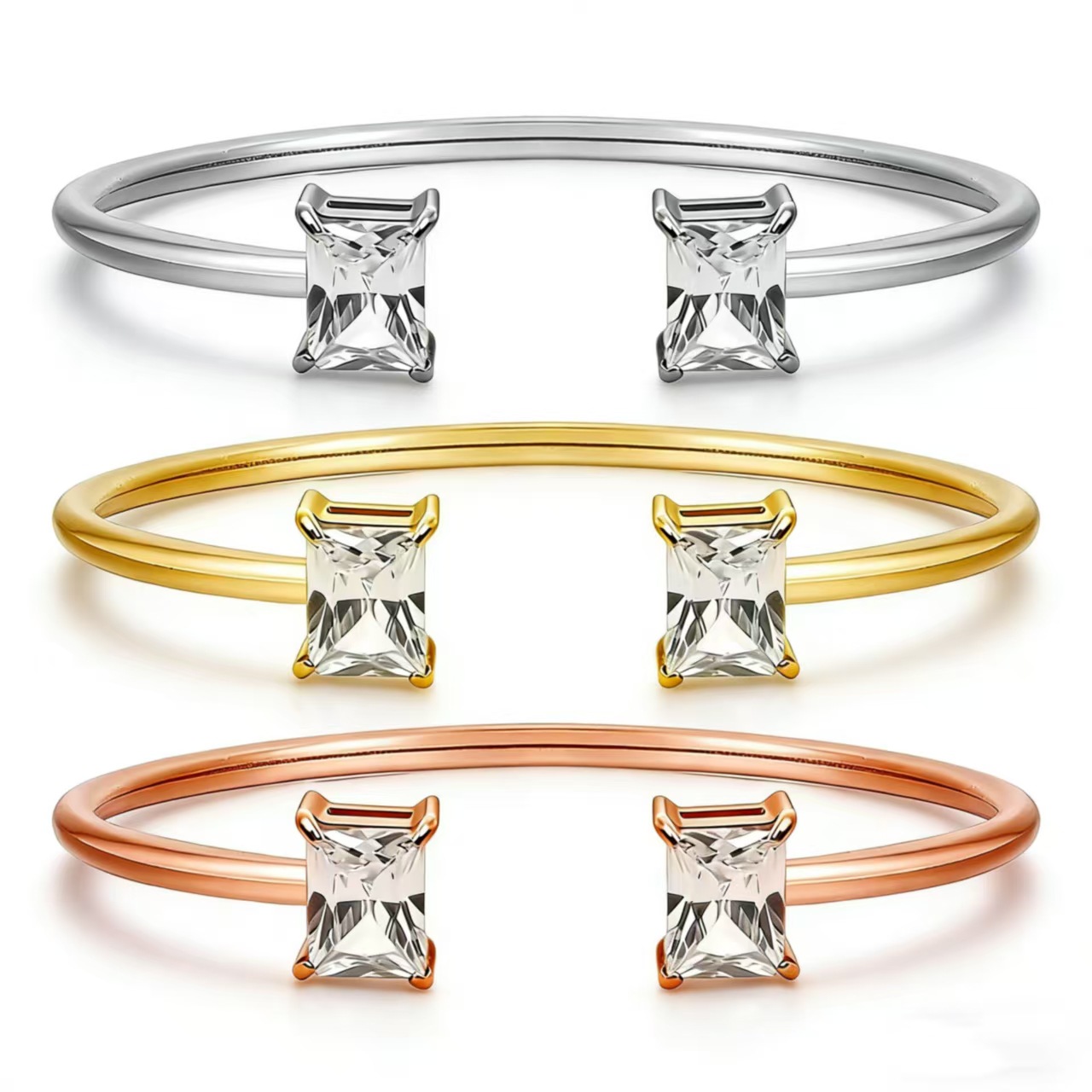 欧美时尚简约方形锆石不锈钢手镯摇摆空心开口可调 电镀18k金手环