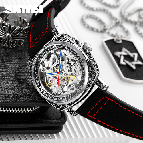 Skmei Mechanical Men's Square Engraved Watch Waterproof Belt Double-sided Hollow Fully Automatic Mechanical Watch