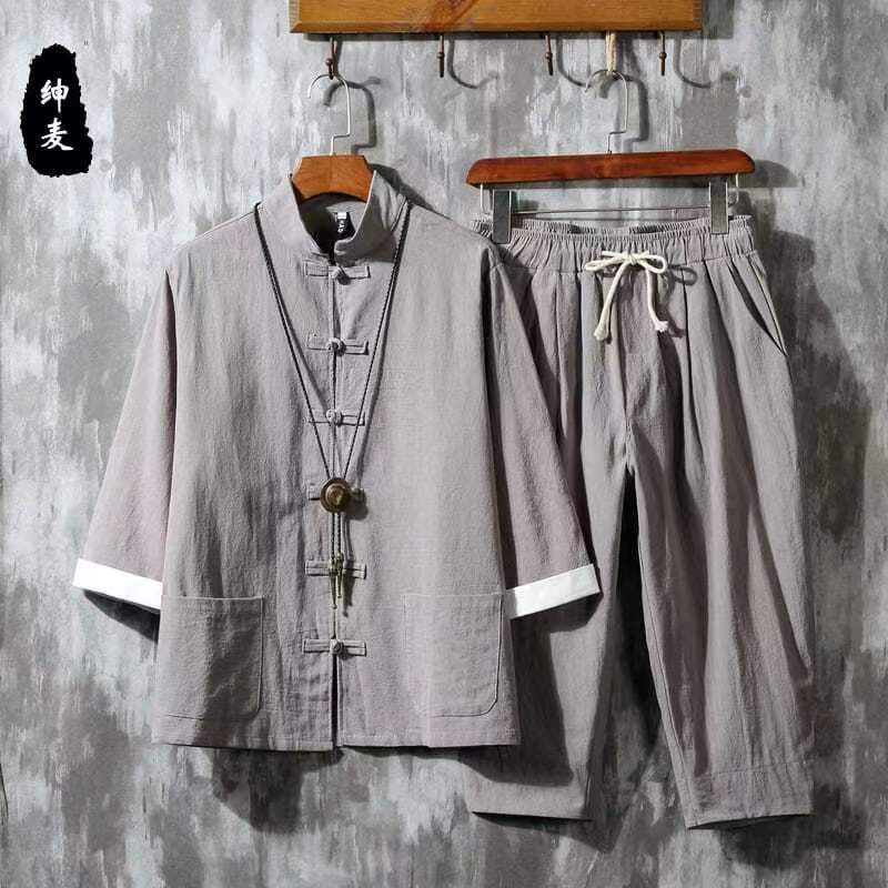 (2개) 중국 스타일 리넨 세트 남성 여름 세븐 슬리브 남성면 및 리넨 한푸 빈티지 탕 세트 중국 튜닉 코트 코트
