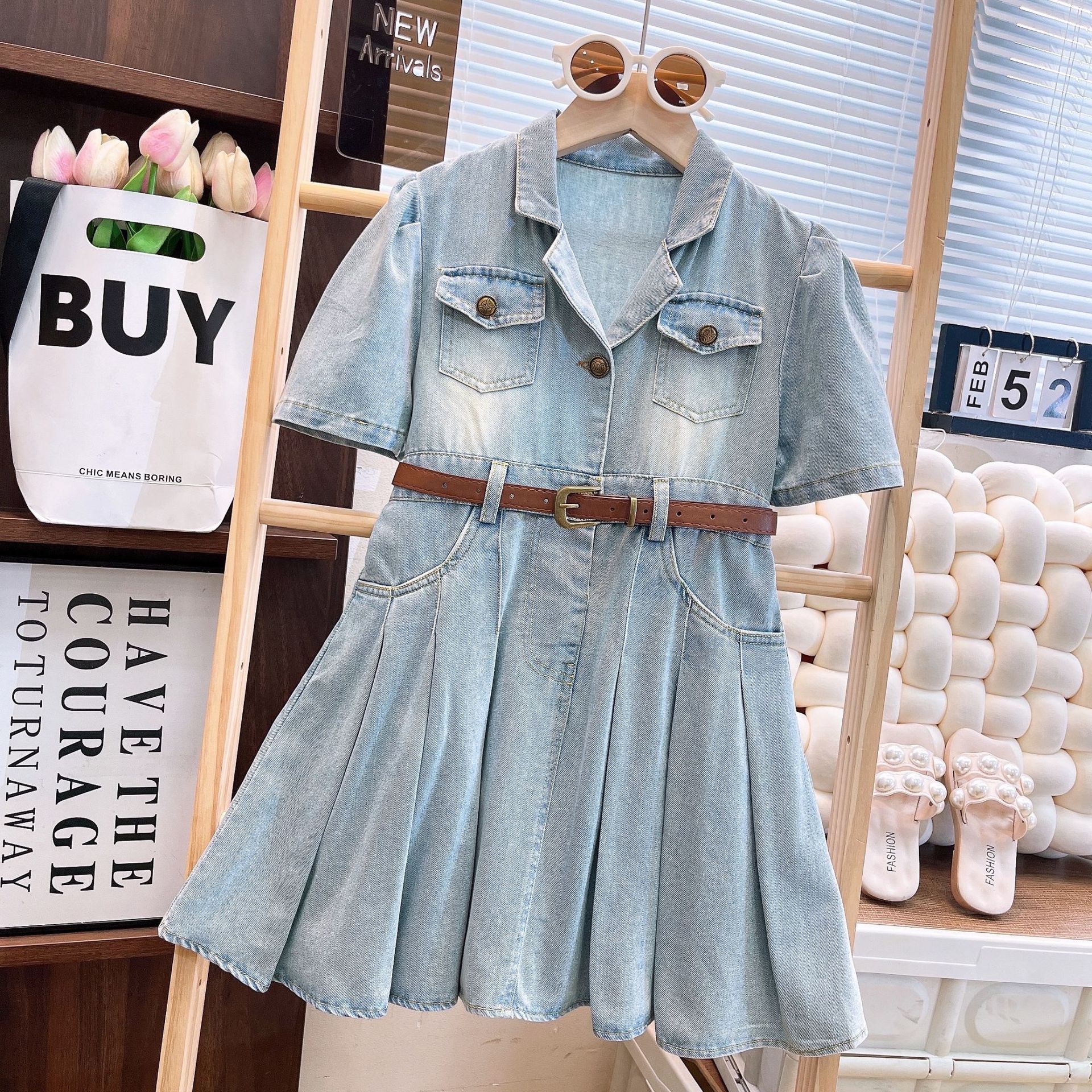 Girls' 2026 Summer Fashion Denim Dress Korean Style Lapel Girls' Dress Stylish Dress Denim Skirt
