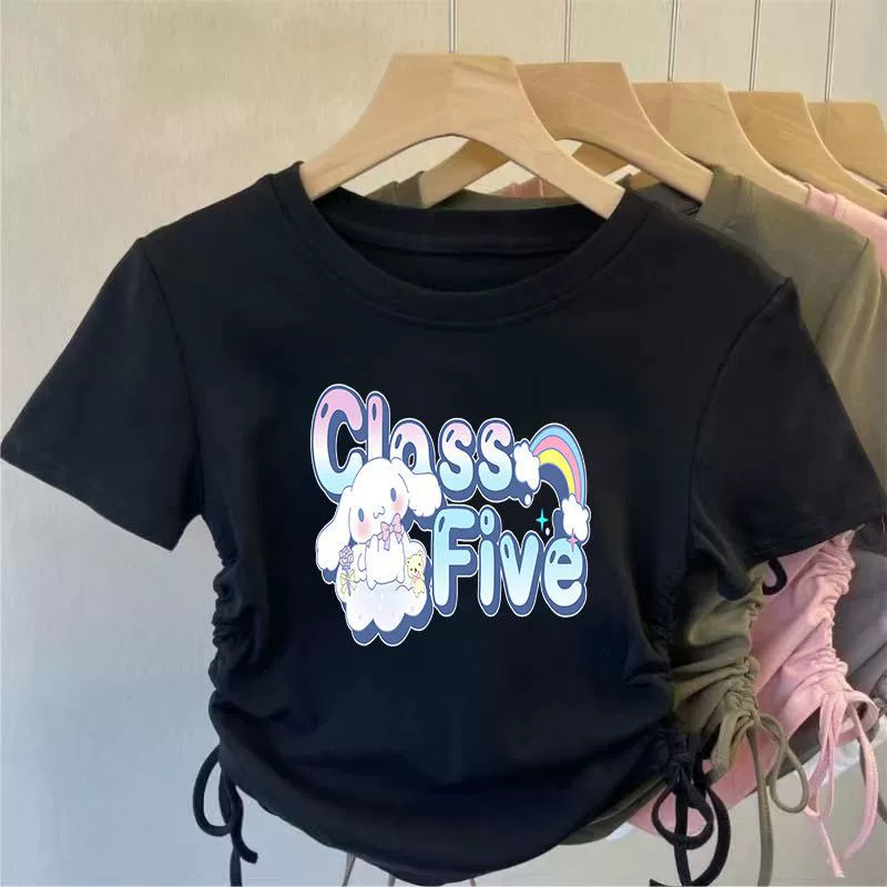 Hello kitty, шелковая летняя футболка, шнурок, с коротким рукавом, slim fit, западный стиль, для подростков