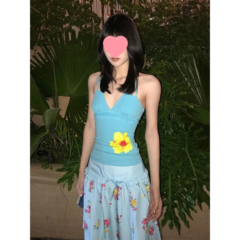 American Retro Floral Print Lace Halter Top New Summer Slim-Fit Sleeveless Top Made of Fine Cotton