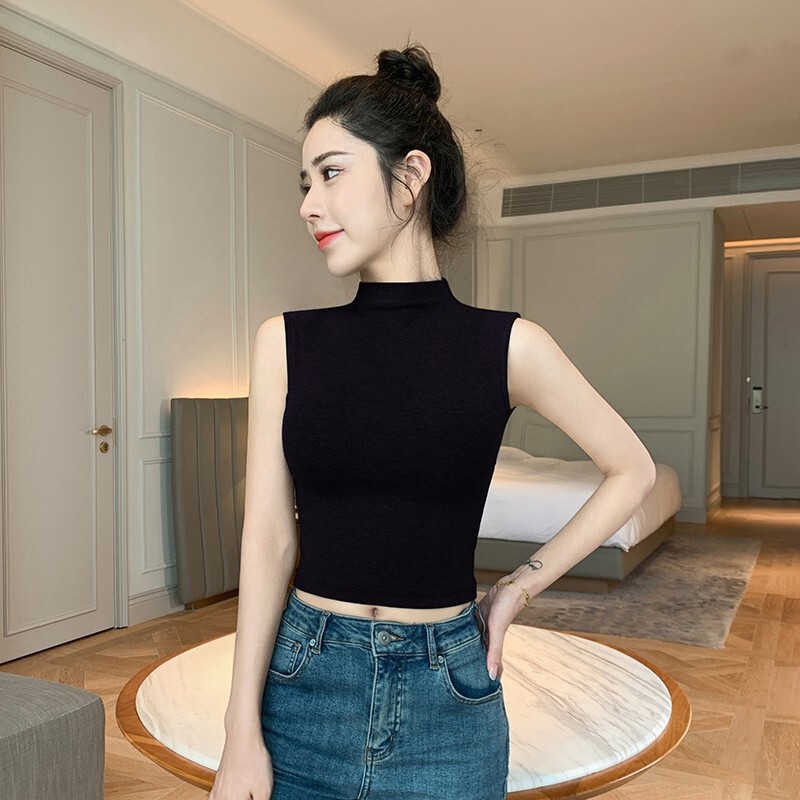 Black women's summer outerwear 2026 new model, half-high collar ribbed cropped camisole, sleeveless top for layering Black women's summer outerwear 2026 new model, half-high collar ribbed cropped camisole, sleeveless top for layering