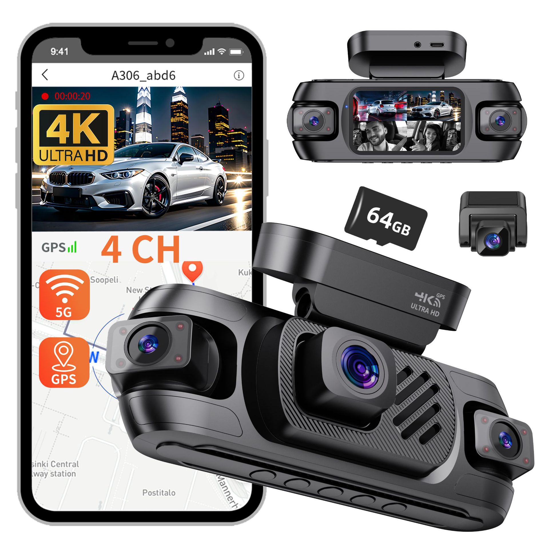 Cross-Border 3inch Ips Screen Four-Lens Four-Recording Dash Cam with Built-In Gps, Night Vision, and Wifi Multi-Lens Recording