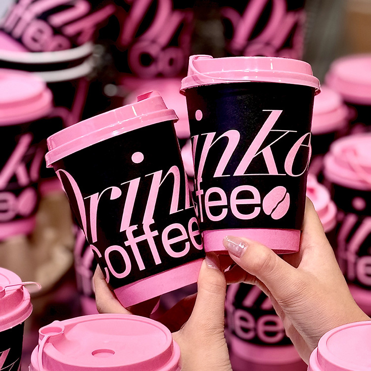 Red negro polvo dulce taza de café de papel de viento fresco taza de té de leche desechable con cubierta comercial para llevar taza de bebida caliente gruesa