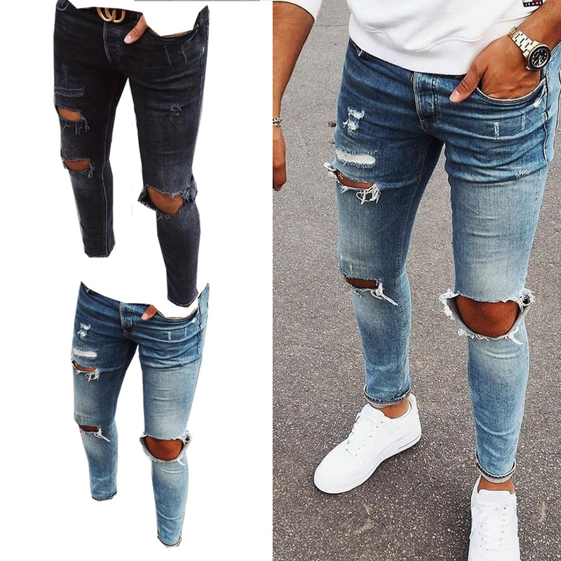 Cross-Border Men's European and American men's jeans trend knee ripped zipper leggings ripped men's denim pants