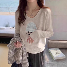 纯棉V领女士打底衫2026春春新款洋气减龄上衣浅灰色宽松长袖t恤衫