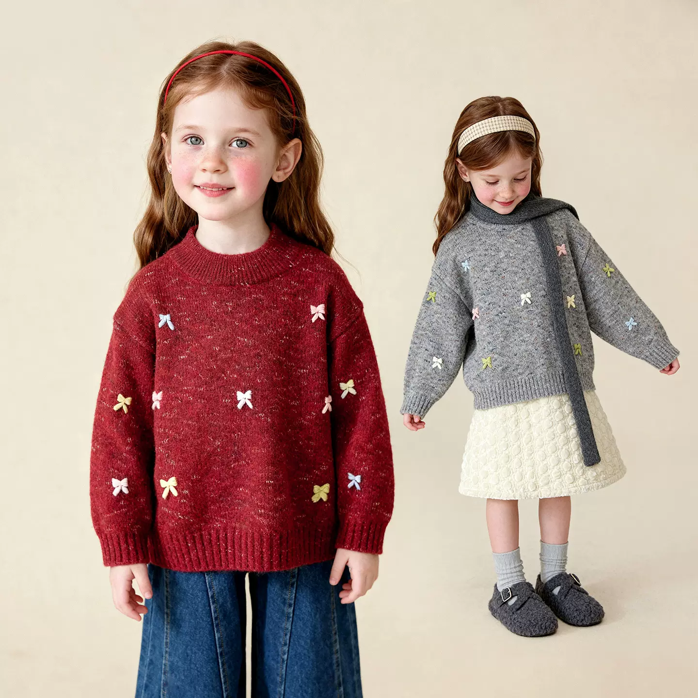 童贝童装2025年冬季新款女童毛衣可爱蝴蝶结设计保暖休闲针织衫